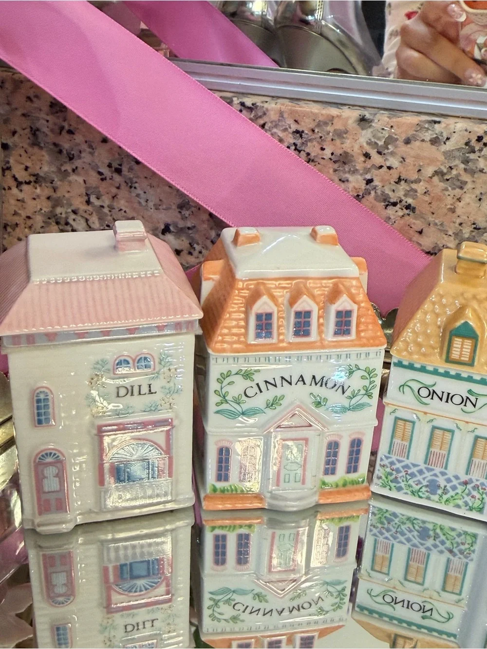 Set of 7 Decorative Ceramic Herb Canisters - Pastel Village Style